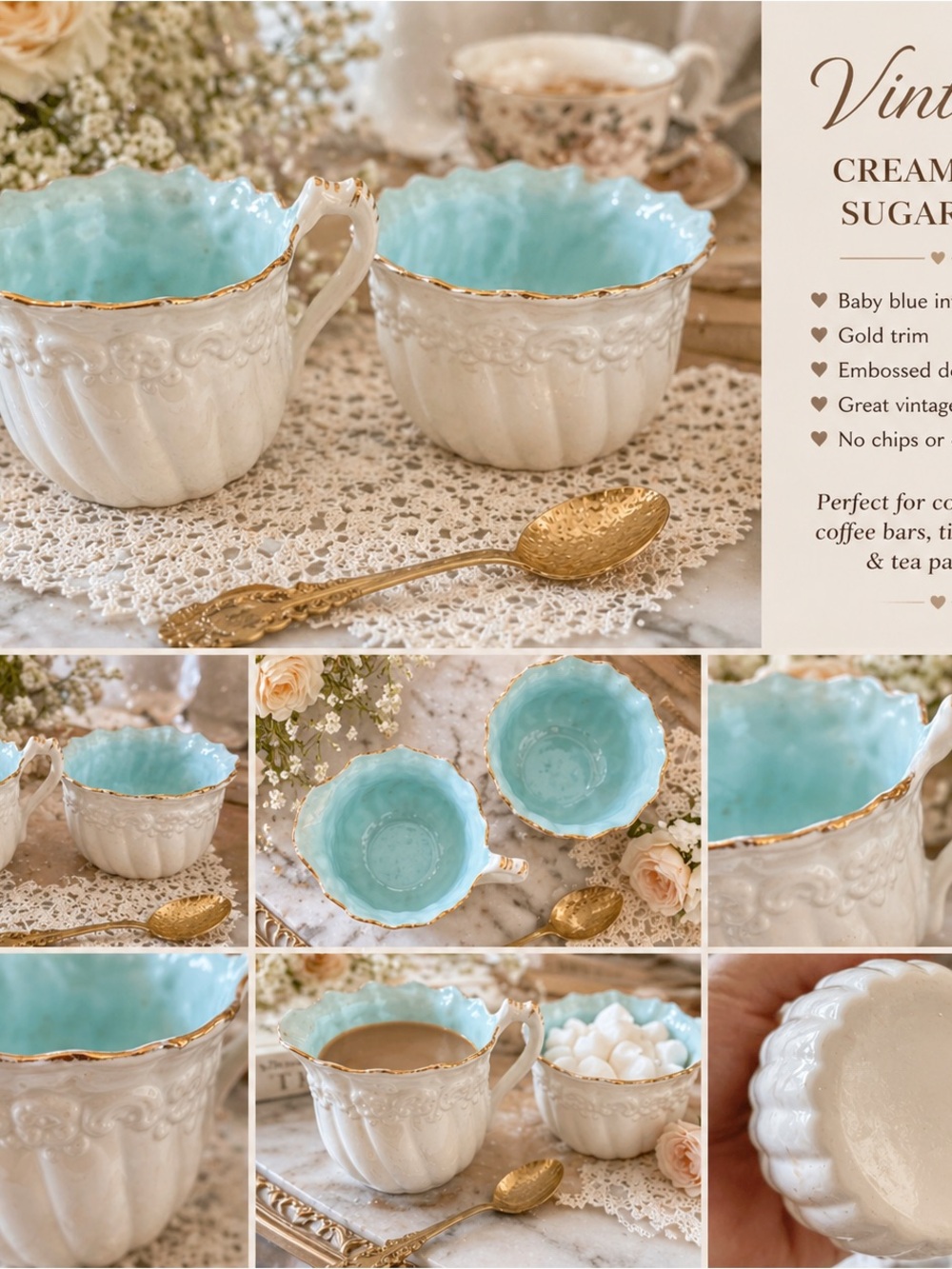 Vintage Cream and Baby Blue Gold-Trim Sugar Bowl Set